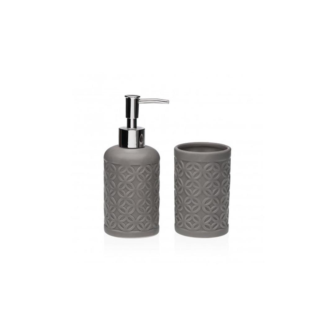 Lote dispensador jabón + vaso Toledo gris